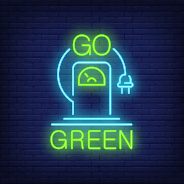 Free vector go green neon sign. electric vehicle charging station with hanging plug.