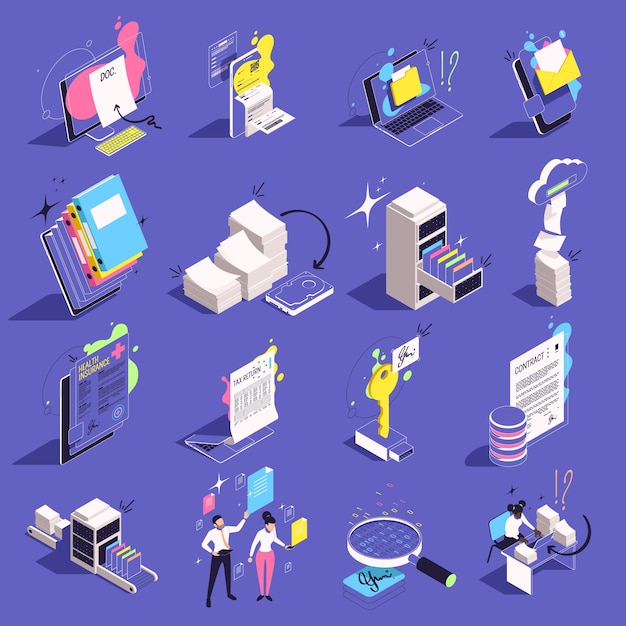 Free vector go paperless isometric 3d icons set with stacks of papers and data kept on electronic devices isolated on color background vector illustration