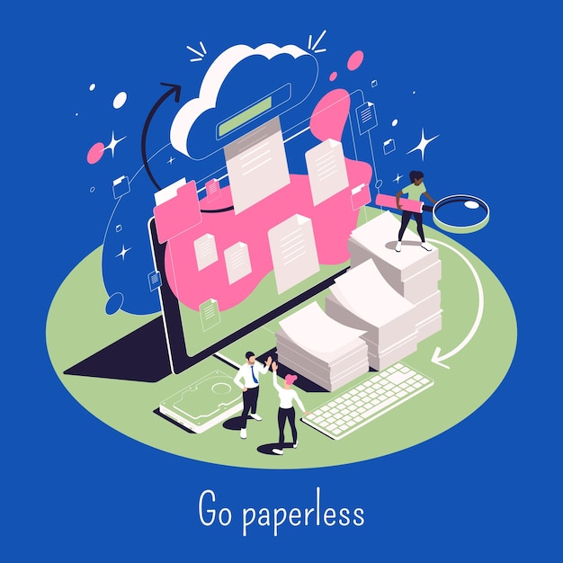 Free Vector go paperless isometric concept with cloud storage electronic documents on computer and stacks of papers 3d vector illustration