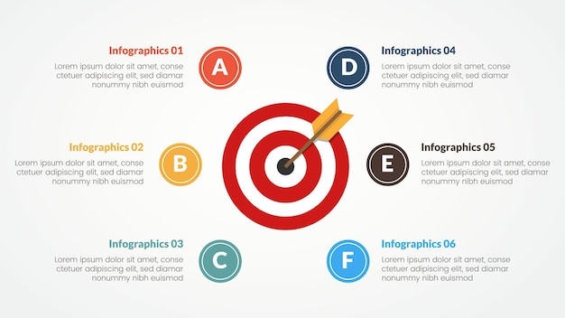 goals or business target infographic concept for slide presentation with big dart center circular 6 point list with flat style vector illustration