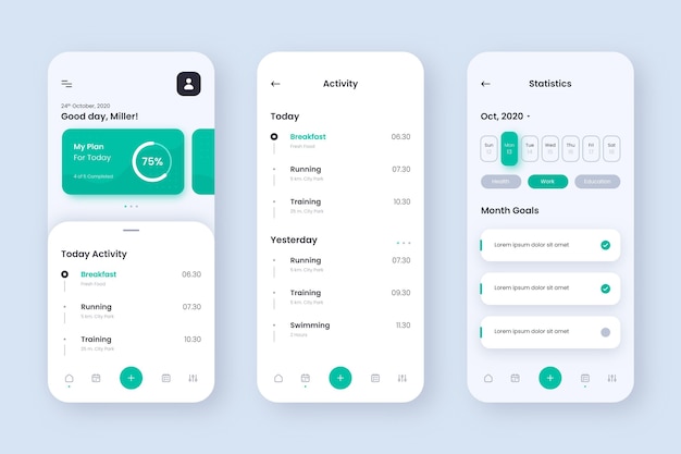 Goals and habits tracking app screens