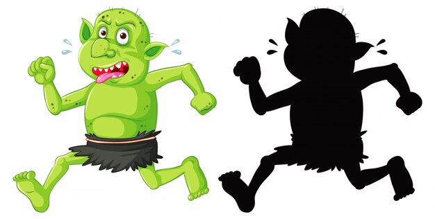 Goblin or troll in color and silhouette in cartoon character on white background