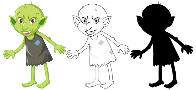 Goblin or troll in color and silhouette in cartoon character on white background