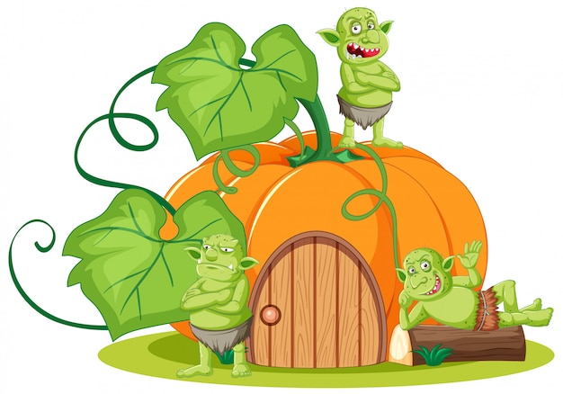 Goblin or troll with pumpkin house in cartoon style isolated