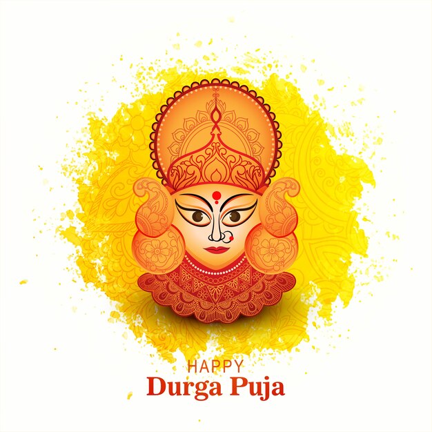 Goddess Durga Face in Happy Durga Puja card background