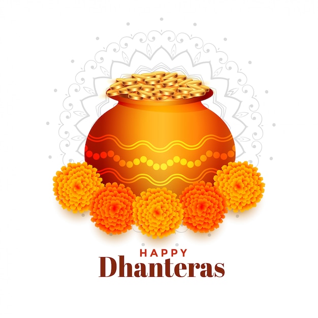 Gold coins pot with marigold flower Dhanteras background