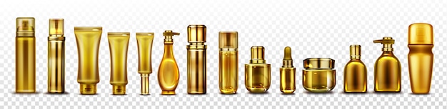 Gold cosmetic bottles mockup, golden cosmetics tubes for essence,