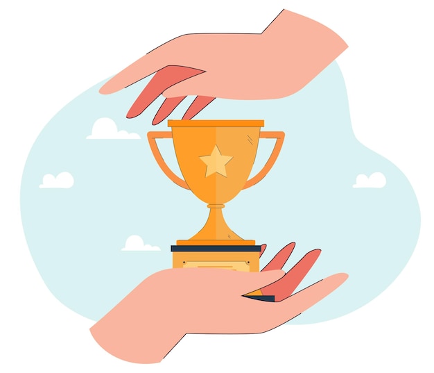 Gold cup between huge human hands. Hand holding golden trophy or prize flat vector illustration. Success, competition, achievement, victory concept for banner, website design or landing web page