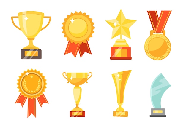 Free Vector gold cups and awards flat illustrations set. collection of golden trophies and medals for winners isolated on white