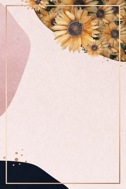 Gold frame on pink collage background with sunflowers