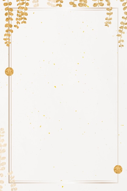 Gold frame with glittery gold eucalyptus leaf on beige background