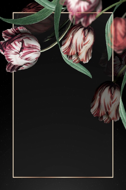 Free Vector gold frame with tulip border on black background