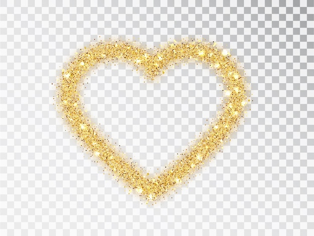 Gold glitter heart frame with sparkles on transparent background. Valentine's Day design template for card, poster, invitation, flyer, gift, cover. Vector golden dust isolated.