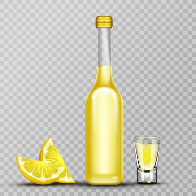 Gold lemoncello bottle and shot glass