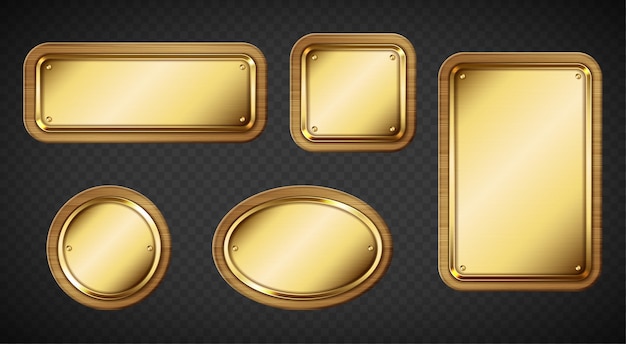 Free Vector gold name plates with wooden frame and screws on transparent