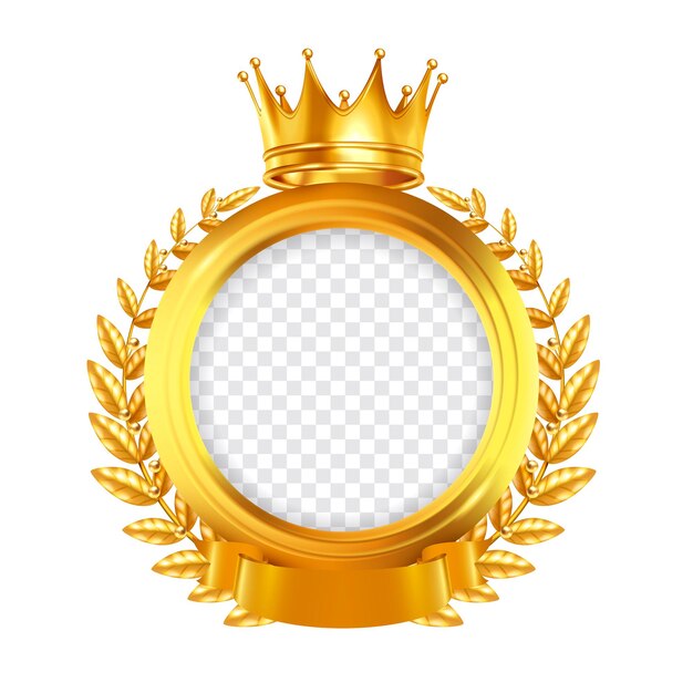 Gold round  frame decorated by laurel wreath tape and crown realistic design concept clipping path