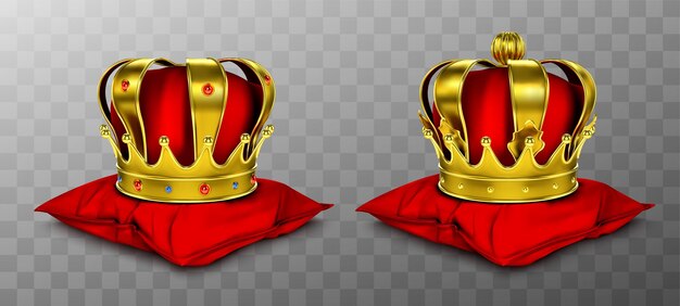 Gold royal crown for king and queen on red pillow.