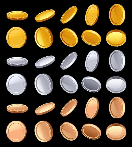 Free vector gold, silver, and copper coins in different positions on white