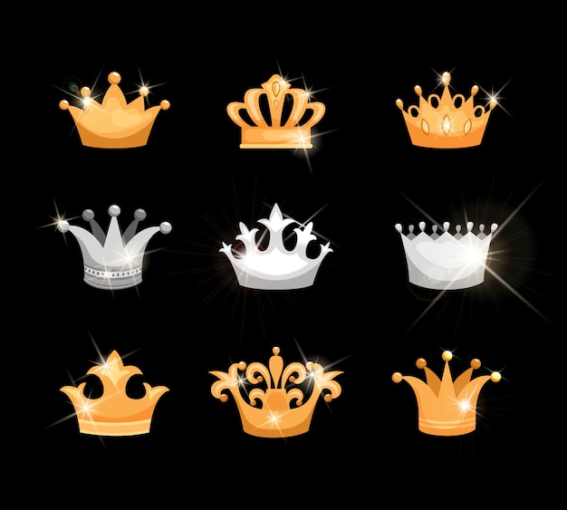 Free Vector gold and silver crowns vector icons set showing nine different designs suitable for royalty or heraldry with sparkling twinkling metallic or gem elements