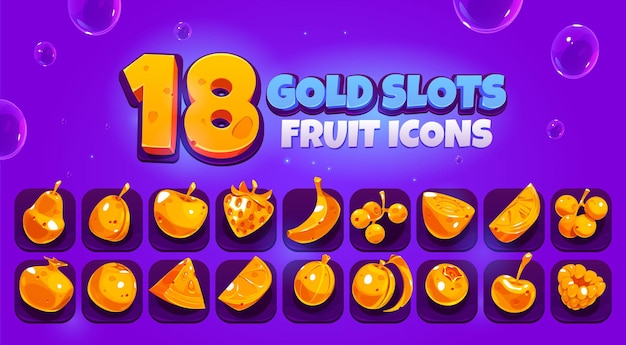 Gold slots fruit and berries icons cherry blueberry plum strawberry orange apple and watermelon Vector cartoon set of golden food symbols for game peach pear kiwi banana and currant