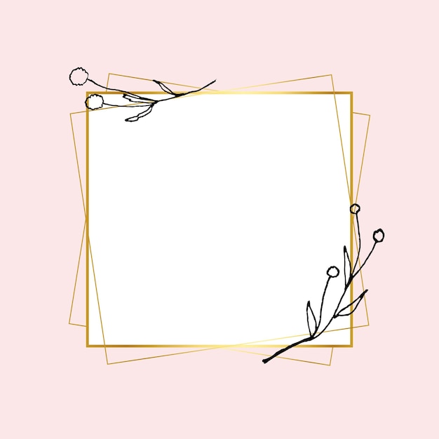 Gold square frame vector with simple flower drawing