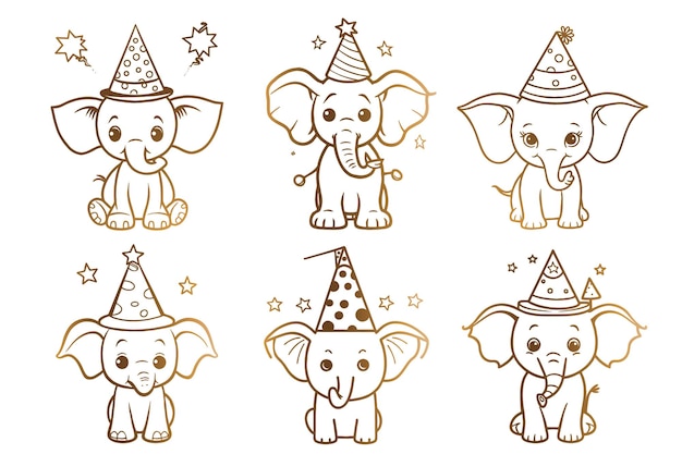 Free vector gold stroke outline birthday elephant with party hat collection