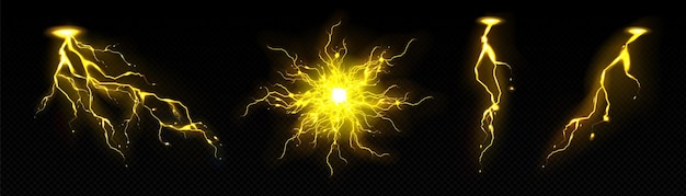 Free Vector gold thunder energy light and electric circle magic vector illustration 3d realistic plasma sphere and power explosion neon isolated thunderstorm crack discharge flash burst with yellow glow