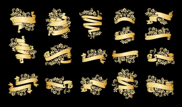 Free vector gold vintage ribbon banners with leaves and flowers