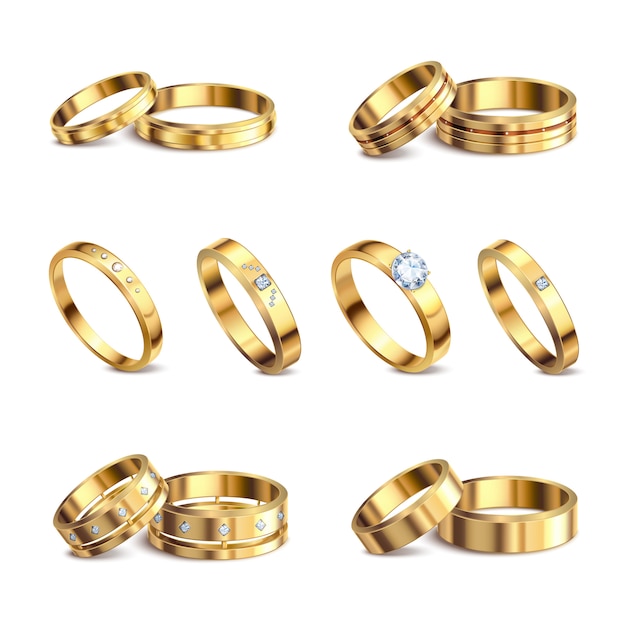 Gold wedding rings 6 realistic isolated sets noble metal with diamonds jewelry against white background  illustration