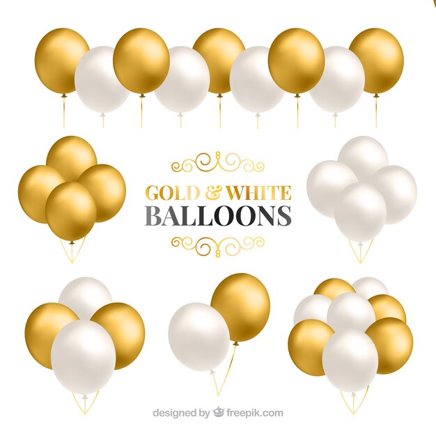 Gold and white balloons bunch collection