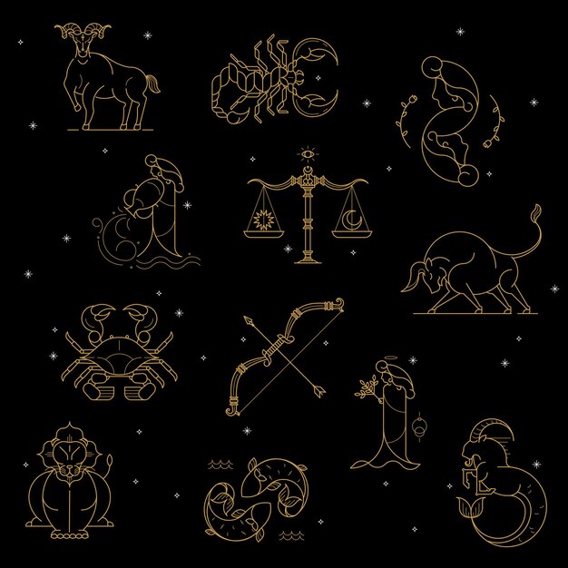 Gold zodiac sign set on a black background