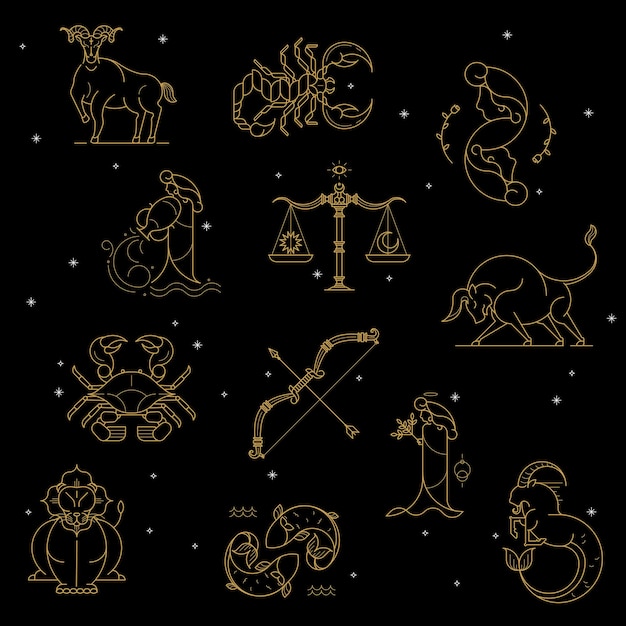 Gold zodiac sign set on a black background