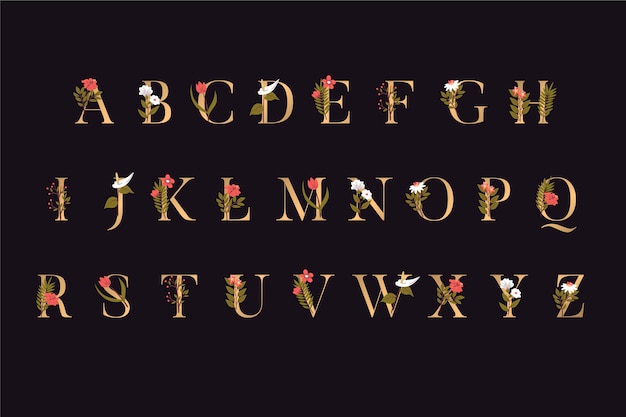 Golden alphabet letters with flowers