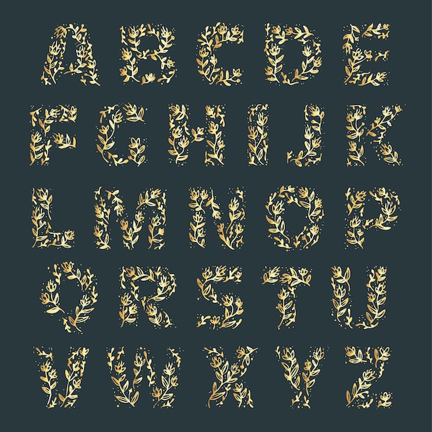 Golden alphabet with elegant flowers on letters