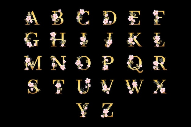 Golden alphabet with elegant flowers