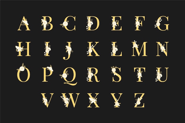 Golden alphabet with elegant flowers