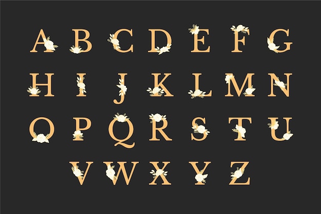 Golden alphabet with elegant flowers