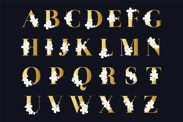 Golden alphabet with elegant flowers