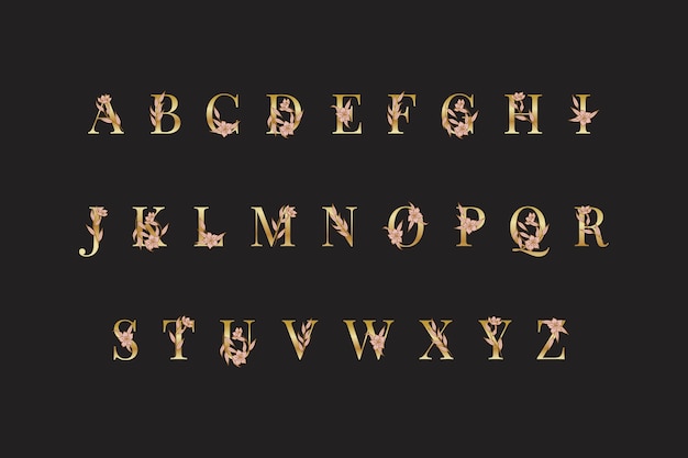 Golden alphabet with elegant flowers