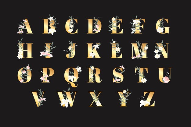 Golden alphabet with elegant flowers