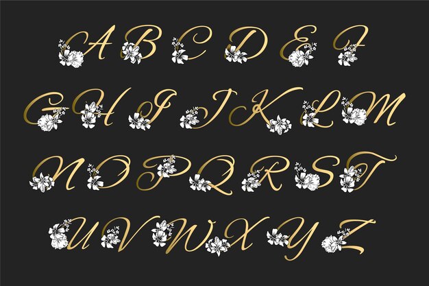 Golden alphabet with elegant flowers