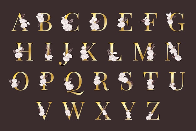 Golden alphabet with elegant flowers