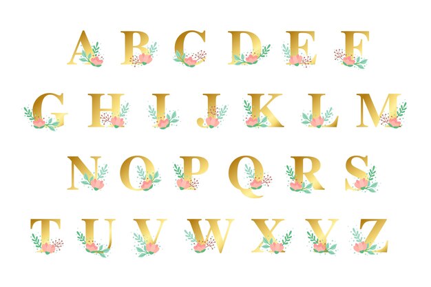 Golden alphabet with golden flowers theme