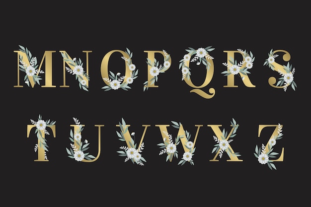 Golden alphabet with leaves and flowers