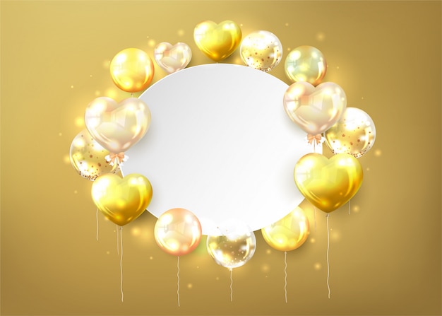 Golden balloons with copy space in heart shape on gold background