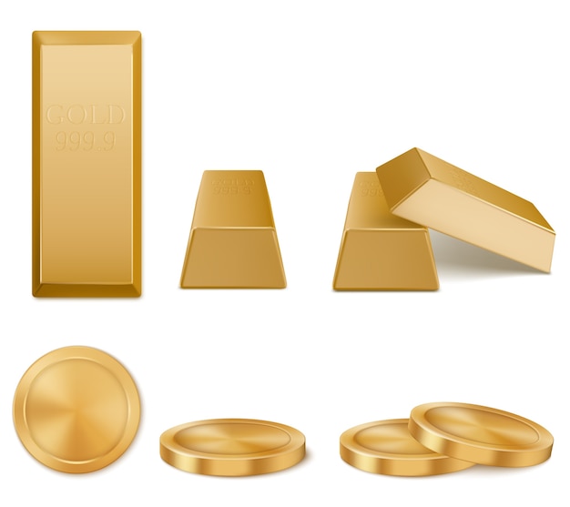 Golden bars, yellow metal ingots and coins isolated