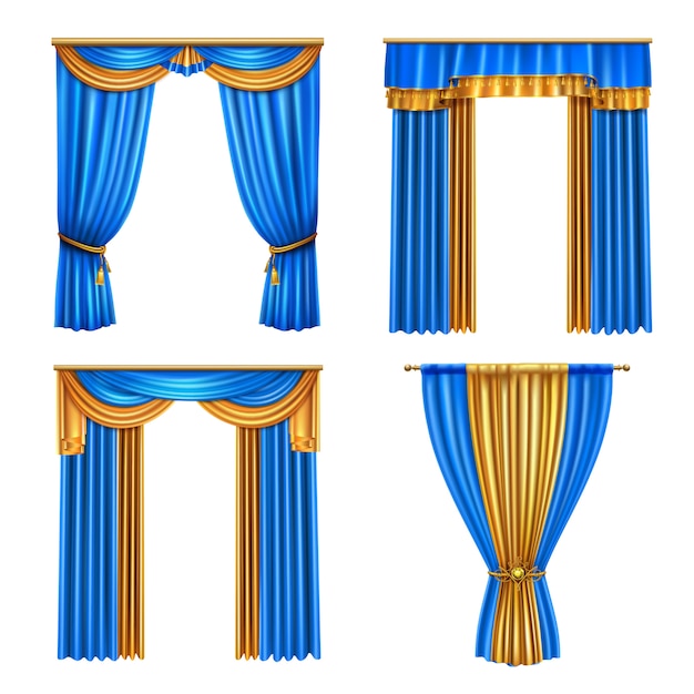 Golden blue long luxury drapes curtains set 4 realistic living room window decorations ideas isolated  illustration