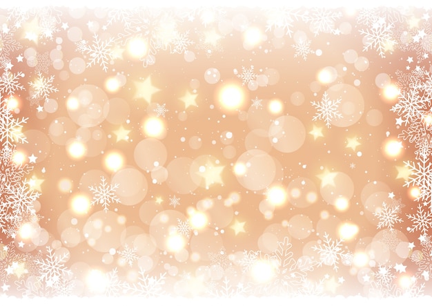 Golden Christmas background of bokeh lights and stars