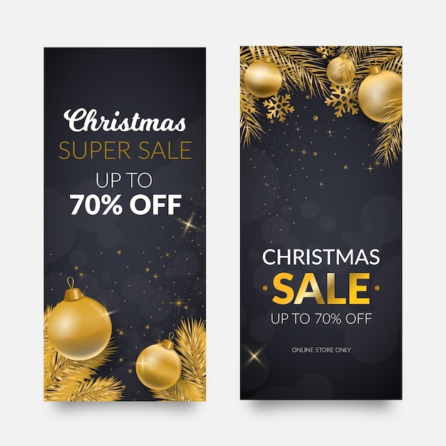 Free vector golden christmas sale banners with christmas balls and pine leaves