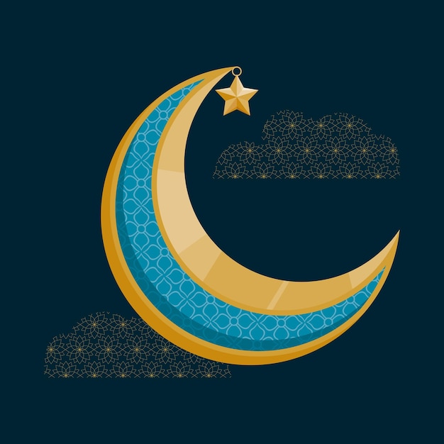 Golden crescent moon with star